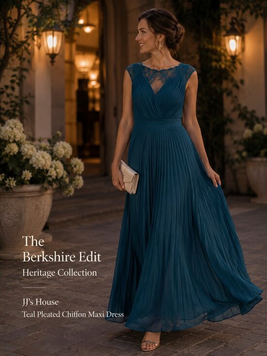 JJs House Dresses & Skirts - JJ's House Teal Chiffon Maxi Dress Lace Back Pleated Formal Gown Small
